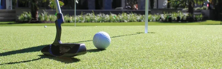 Putter and golf ball on an artificial putting green