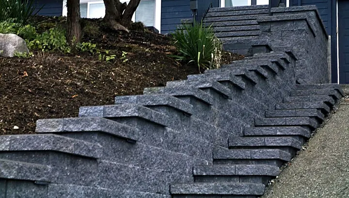 Charcoal block staircase and retaining wall built with ValleyStone